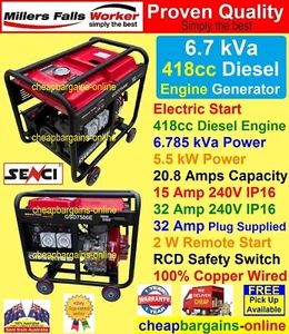 6.7kVa SENCI DIESEL GENERATOR ELECTRIC START 15 Amp + 32 Amp 240V OUTLETS AVR HD - Picture 1 of 14