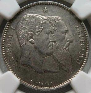 BELGIUM 1 Franc Frank 1880 NGC AU 55 UNC Independence Scarce Leopold Silver - Picture 1 of 3