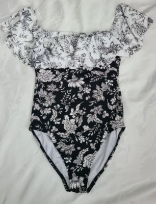 Ralph Lauren Sz 6 Woman’s one piece Swimsuit White Black Top Built In Bra - Image 1 of 4