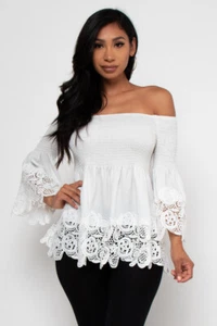 Ivory Off Shoulder Top Size Small Smocked Bust Lace Accent Cold Shoulder  - Picture 1 of 3