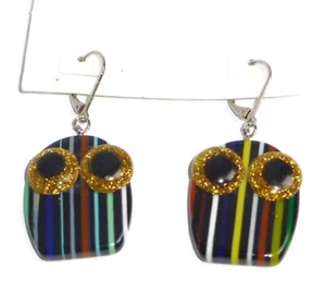 Sobral Bichos Corujinha Owl Vibrant Night Stripe Dangling Artist Made Earrings - Picture 1 of 7