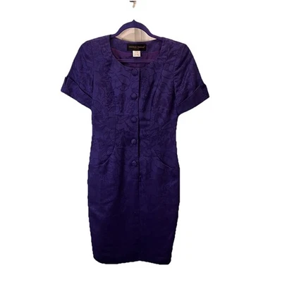 Donna Ricco VTG Linen Blend Purple Blue Floral Short Sleeve Button Up Dress Sz 2 - Image 1 of 4