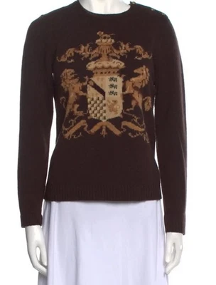 91 Vtg Ralph Lauren Wool Coat of Arms Crest Intarsia Brown Lambswool Sweater XL - Image 1 of 4