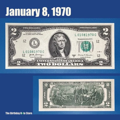 January 8, 1970 Birthday Anniversary $2 Two Dollar Bill Serial Number 01081970 - Image 1 of 2