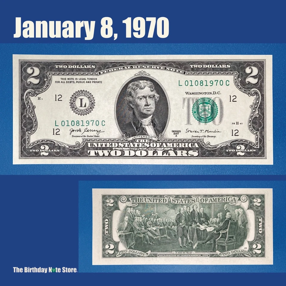 January 8, 1970 Birthday Anniversary $2 Two Dollar Bill Serial Number 01081970 - Image 1 of 2