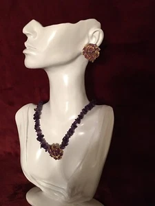 SWOBODA Vintage Rare Gold Plated Purple Amethyst Clip On Earrings /Necklace Set - Picture 1 of 11