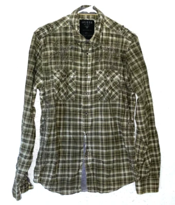 Guess Shirt Mens sz S Green Plaid Embroidered Floral Vintage Retro Button Up - Image 1 of 4