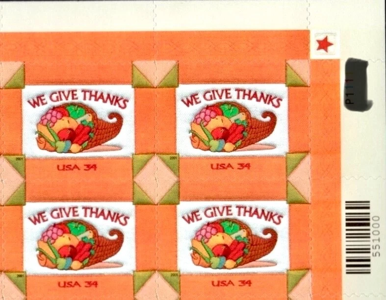 US #3546 MNH Plate Block 2001 We Give Thanksgiving Cornucopia Quilt [UR P1111] - Image 1 of 1