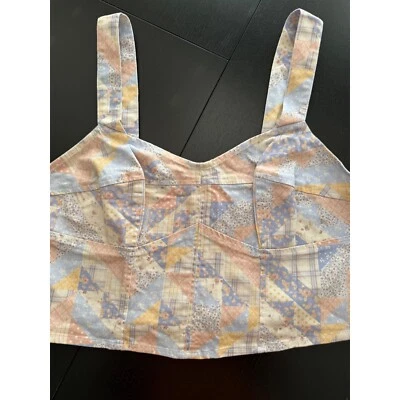 Forever 21 + Top Corto Retro Patchwork Mujer 1X Amarillo/Azul Cremallera Trasera Elástica Foto 1 de 4