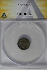 1852 .03 ANACS G 6 STAR AND SHIELD three cent (3c) piece, Trime - Picture 1 of 2