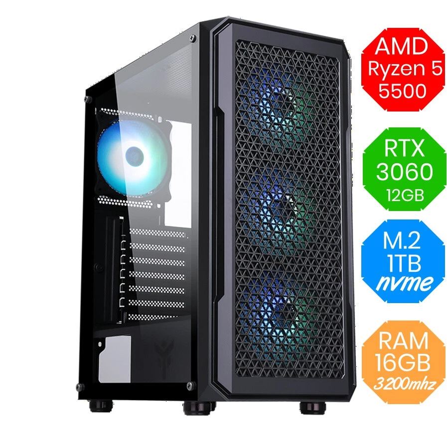Gaming PC AMD RYZEN 5 5500 - RTX 3060 12GB - RAM 16GB - M.2 1tb nvme Win11 RGB - Immagine 1 di 1