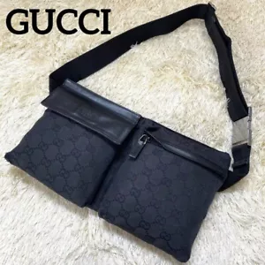 GUCCI GG Canvas Waist Pouch Shoulder Bum Bag Belt Bag Black Leather - Bild 1 von 5