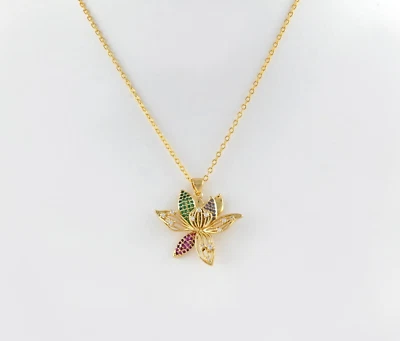 Oro Fiore Ciondolo Collana Multicolore Zirconia Cubica Floreale Gioielli Regalo - Immagine 1 di 4