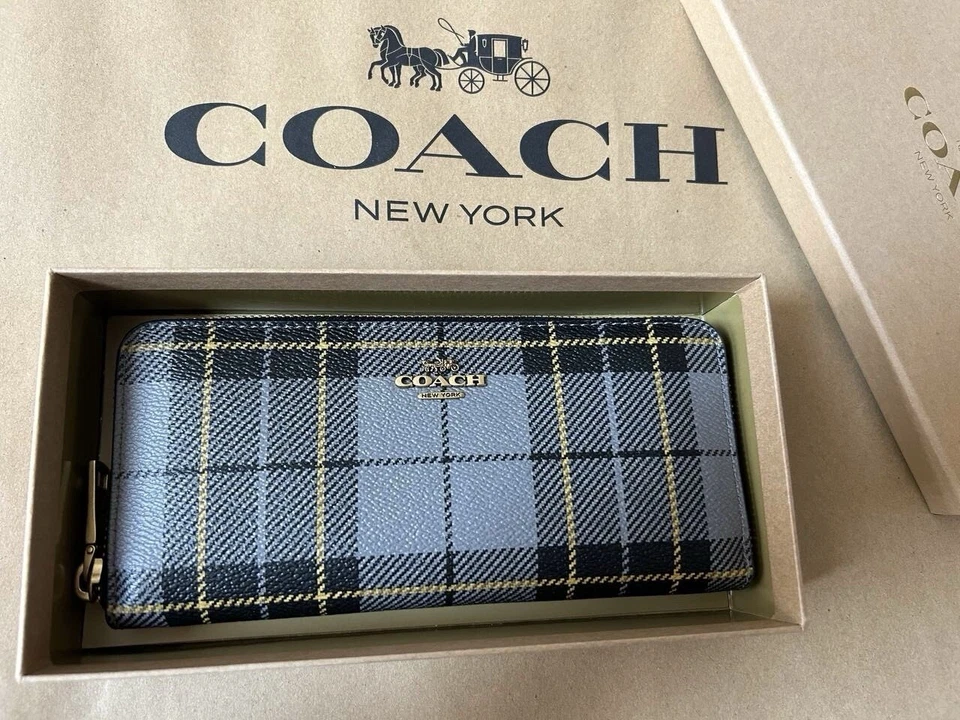 NUEVO CON ETIQUETAS COACH Cartera de Mujer Acordeón con Cremallera con Cuadros Negros en Cuero con Caja de Regalo Foto 1 de 1