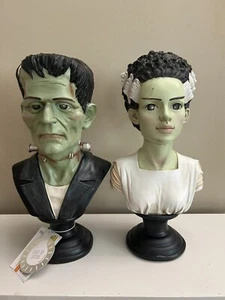 Frankenstein & Bride Bust HALLOWEEN Decor Decoration Pedestal Light Up Set NEW - Picture 1 of 6