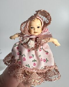 Dollhouse Miniature HEIDI OTT Baby Doll In Pink Dress And Bonnet 1:12