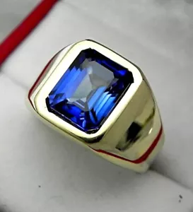 14K Yellow Gold Plated 3Ct Emerald Cut Blue Sapphire Men's Engagement Band Ring - Picture 1 of 8