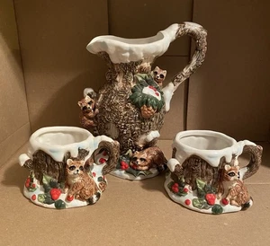 Raccoon Woodland Christmas Holiday Beverage Set Pitcher & 2 Mugs - Picture 1 of 14