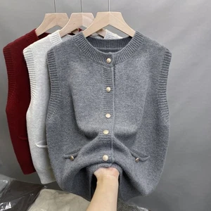 Damen Gestrickt Weste Rundhals Strickjacke Weste Tank Top Taschen Strickwaren - Picture 1 of 10