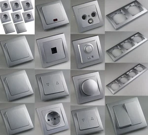 DELPHI-Serie Lichtschalter Steckdose Taster Bewegungsmelder Dimmer Schuko Silber - Bild 1 von 30