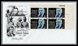 US FDC # 1270 5c Robert Fulton Artmaster Plate Block 27145 UR 1965, 9L459 - Picture 1 of 1