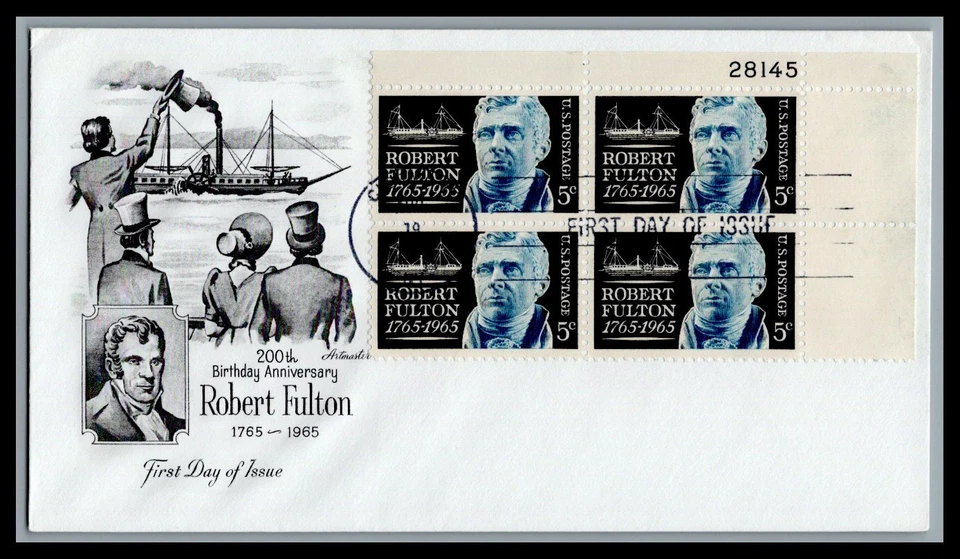 US FDC # 1270 5c Robert Fulton Artmaster Plate Block 27145 UR 1965, 9L459 - Image 1 of 1