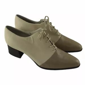 Joan Helpern Deauville Tan Cream Leather Pointed Toe Shoes Mary Jane Heels 6 B - Picture 1 of 10