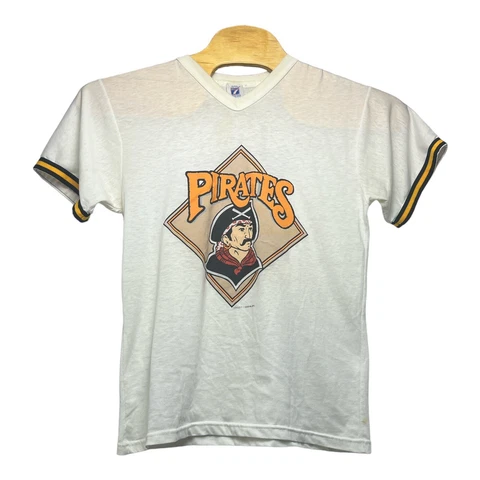 Vintage 1988 Logo 7 Pittsburgh Pirates Stripe Cuffs  v-neck t-shirt large retro Cover