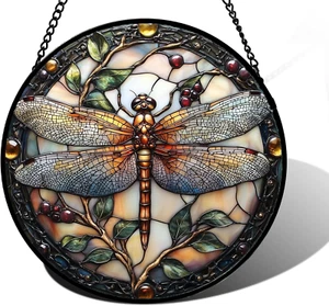Dragonfly Stained Glass Suncatcher 7.8x7.8 In Window Hanging Home Decor Gift - Picture 1 of 12