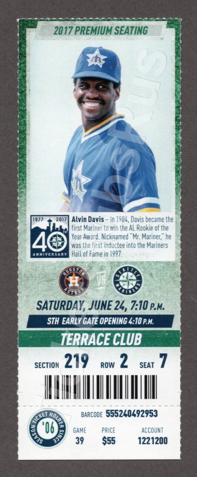 2017 Seattle Mariners vs Houston Astros 6/24 MINT CLUB Ticket ALVIN DAVIS - Image 1 of 1