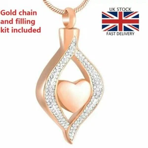 Rose Gold Teardrop Heart Cremation Urn Pendant Ashes Necklace Funeral Memorial - Picture 1 of 4