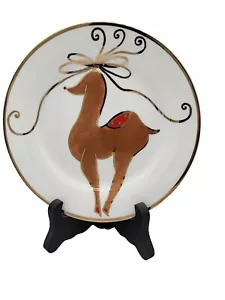 Pier 1 Dessert Salad Plates Reindeer Christmas Tree Gold Trim Set of Two - Picture 1 of 4