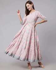 Indian Women Pink Leaf Print Flared Cotton Kurta Kurti Dress Top Tunic Pakistani