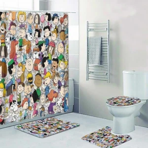 Peanuts Snoopy Characters Print Shower Curtain Bath Mat Toilet Lid Cover Mat - Picture 1 of 4