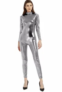 Damen Glänzende Metallic Jumpsuits Einteiler Langarm Ballett Tanz Zentai Strampler - Bild 1 von 5