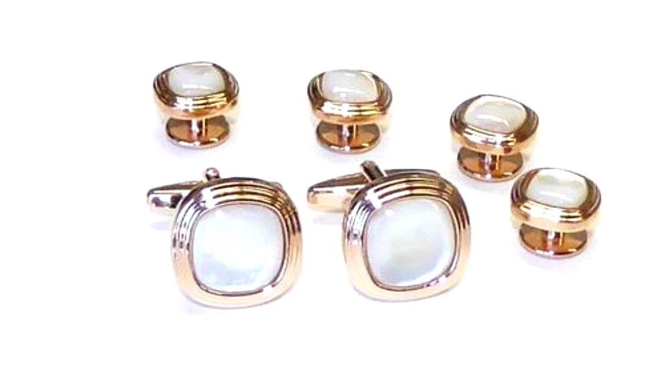 Mother of Pearl Soft Square Triple Tier Rose Gold Trim Studs and Cufflinks - Image 1 of 1