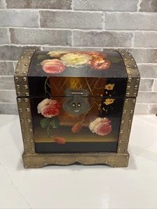 Vintage handbemalte florale Holz Schmuckschatulle/Schatztruhe Truhe 13" T - Bild 1 von 16
