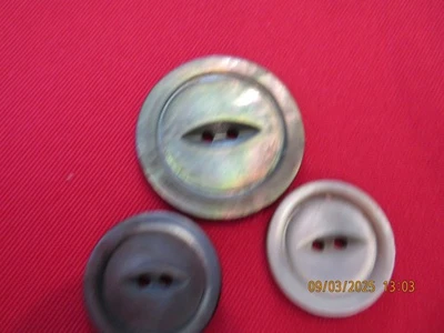 3 Vintage  Assorted Abalone Pearl Buttons 2  @ 7/8", 1 @ 1 1/8" all 2 holes - Image 1 of 3