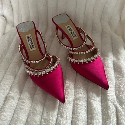 Badgley Mischka Fuchsia Satin Heels with Rhinestones - Image 1 of 4