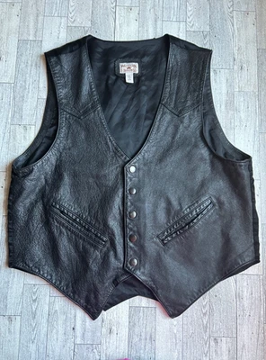 Vintage Western Frontier Genuine Leather Men's Sz Large Black Vest Biker Cowboy - Image 1 of 4