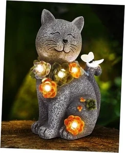 Solar Garden Statues Lights, Cat Figurines Succulent Flower Butterfly Art  - Picture 1 of 7