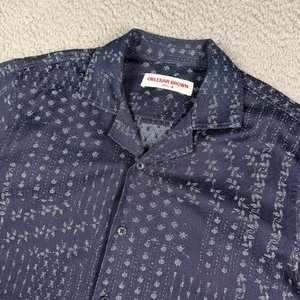 Orlebar Brown Hibbert Jacquard Denim Shirt Mens M Blue Geometric Camp Collar - Picture 1 of 9