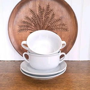 2 Williams Sonoma Cream Soup Double Handle Bowls & Underplates Essential White - Picture 1 of 6