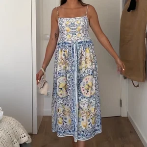 NWT H&M Lemon Printed Cotton Strappy Dress Lemons/blue/white Sizes S, M, XL - Picture 1 of 11