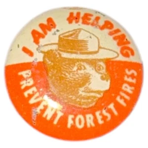 Vintage 1960s Smokey The Bear I Am Helping Prevent Forrest Fires Tin Pinback Pin - Bild 1 von 3