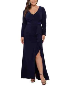 Betsy & Adam Plus Size V-Neck Gown Women's 22W Navy Ruffled Back Zip Closure L/S - Picture 1 of 16