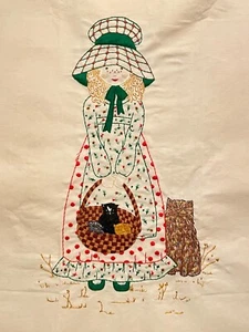 Embroidered Needlework Bonneted Girl w/ Basket of Kittens Colorful 18" x 14" - Picture 1 of 6