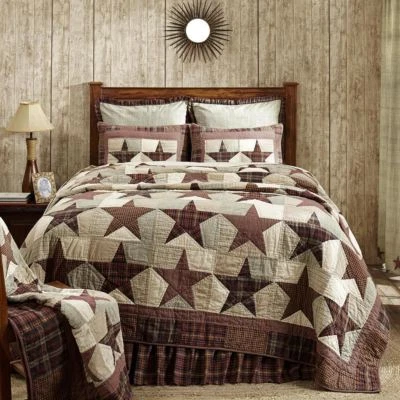 Abilene Star Full Queen Quilt Hand Stitched Country Patchwork Burgundy Red + Tan - Image 1 of 4