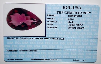 EGL USA CERTIFIED NATURAL GARNET PEAR SHAPE PINKISH PURPLE 0.45 CT GEMSTONE - Image 1 of 4