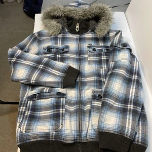 Billabong Y2K Premium Jacket Plaid Winter Fleece Lined Hood Unzip Fur Sz Medium - Picture 1 of 8